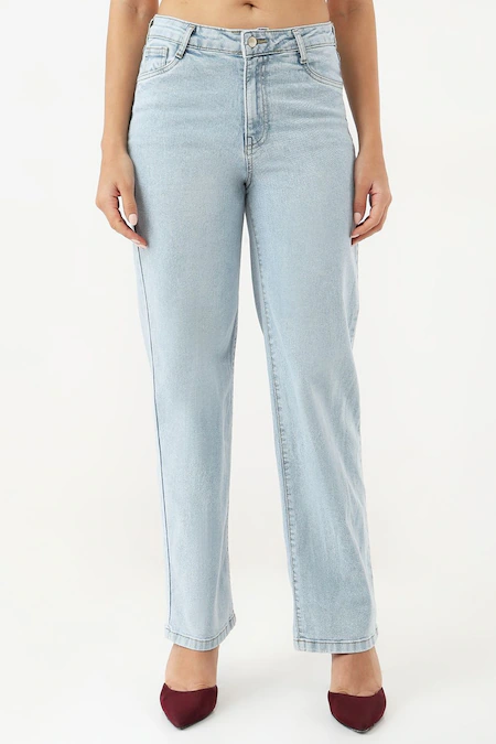 Light Blue Solid Full Length Casual Women Straight Fit Jeans